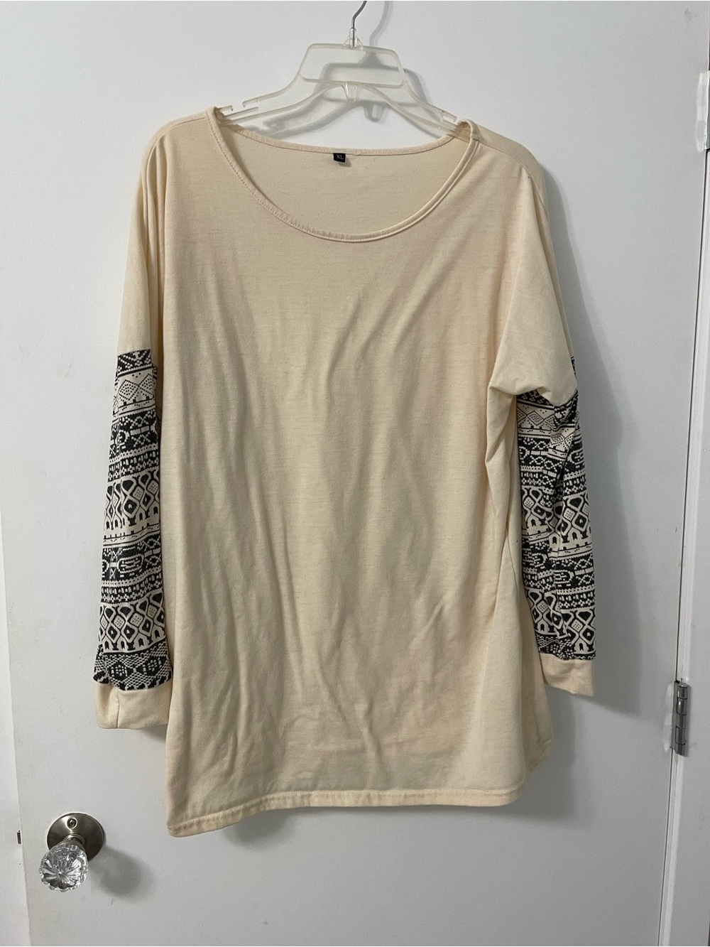 Cream Long Sleeve Tee with Black Patterned Sleeves